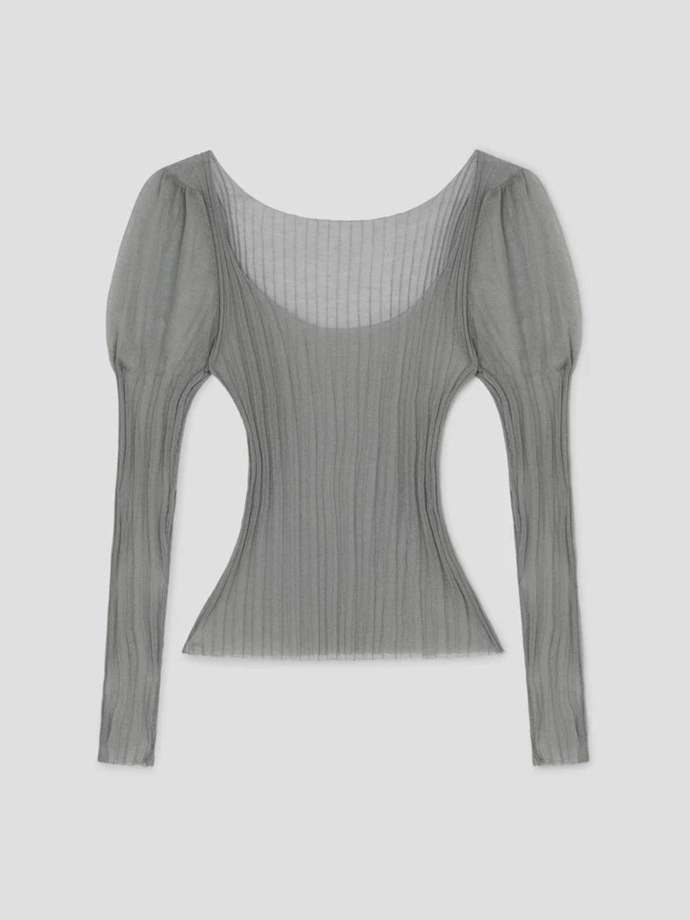 Gimaguas Gray Sheer Ribbed Puff-Sleeve Long Sleeve Top